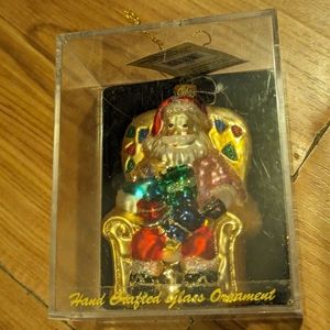 SANTA Glass Hand Painted/Crafted Santa Sitting In Chair Ornament